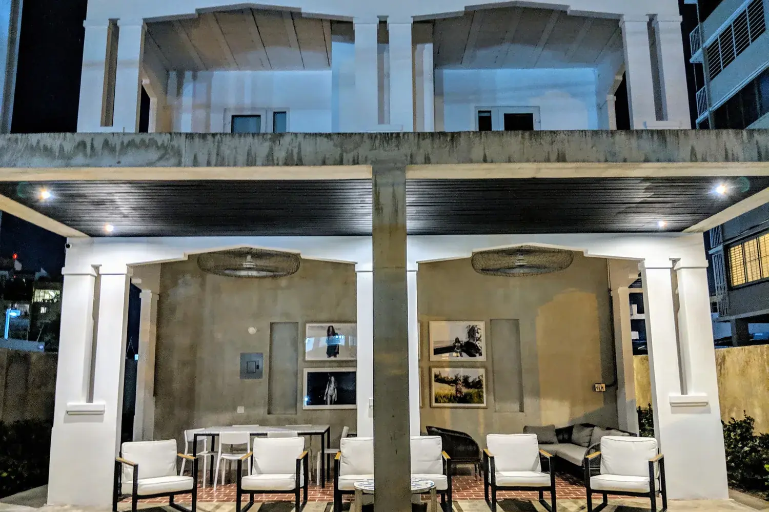 The covered lounge and gallery wall at 59 Taft